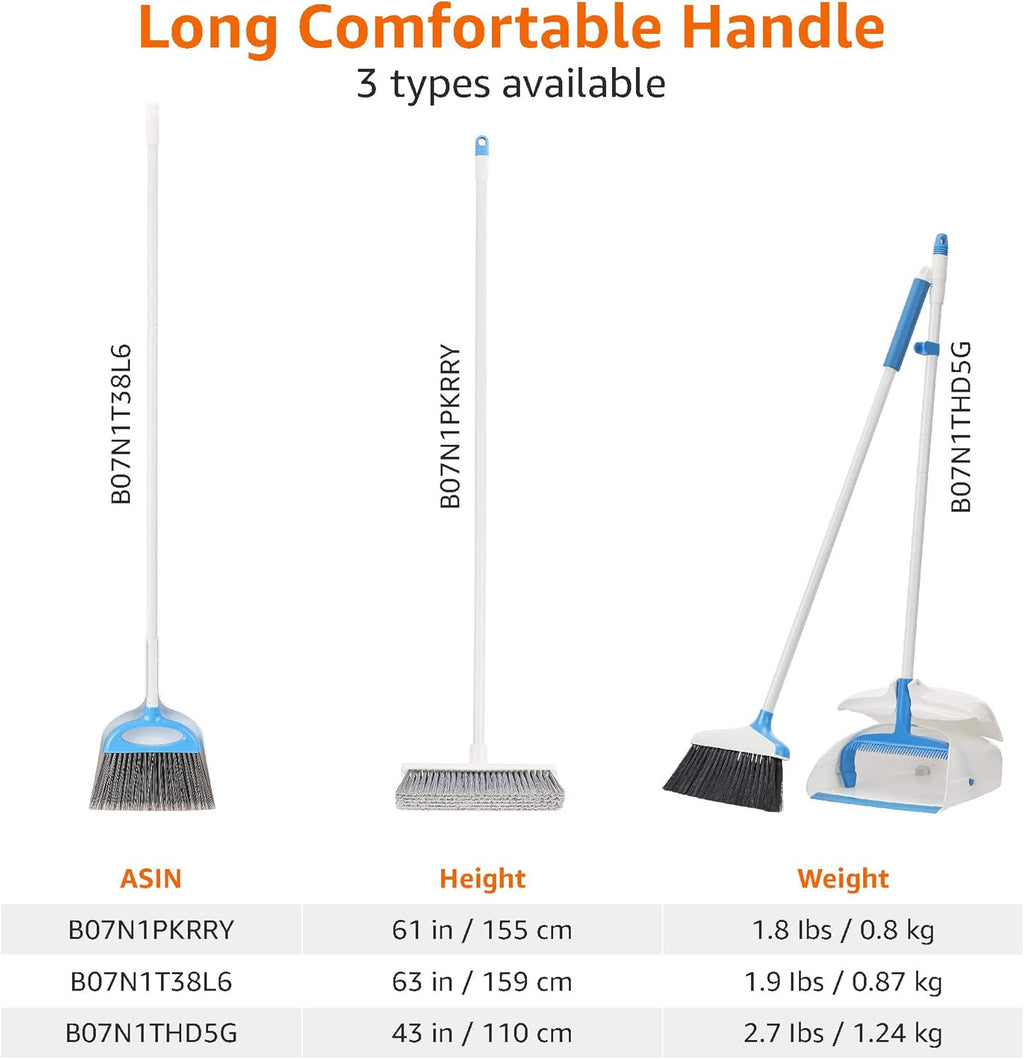 Dustpan Broom Set with Adjustable Long Handle, Easy to Assemble, Blue and White