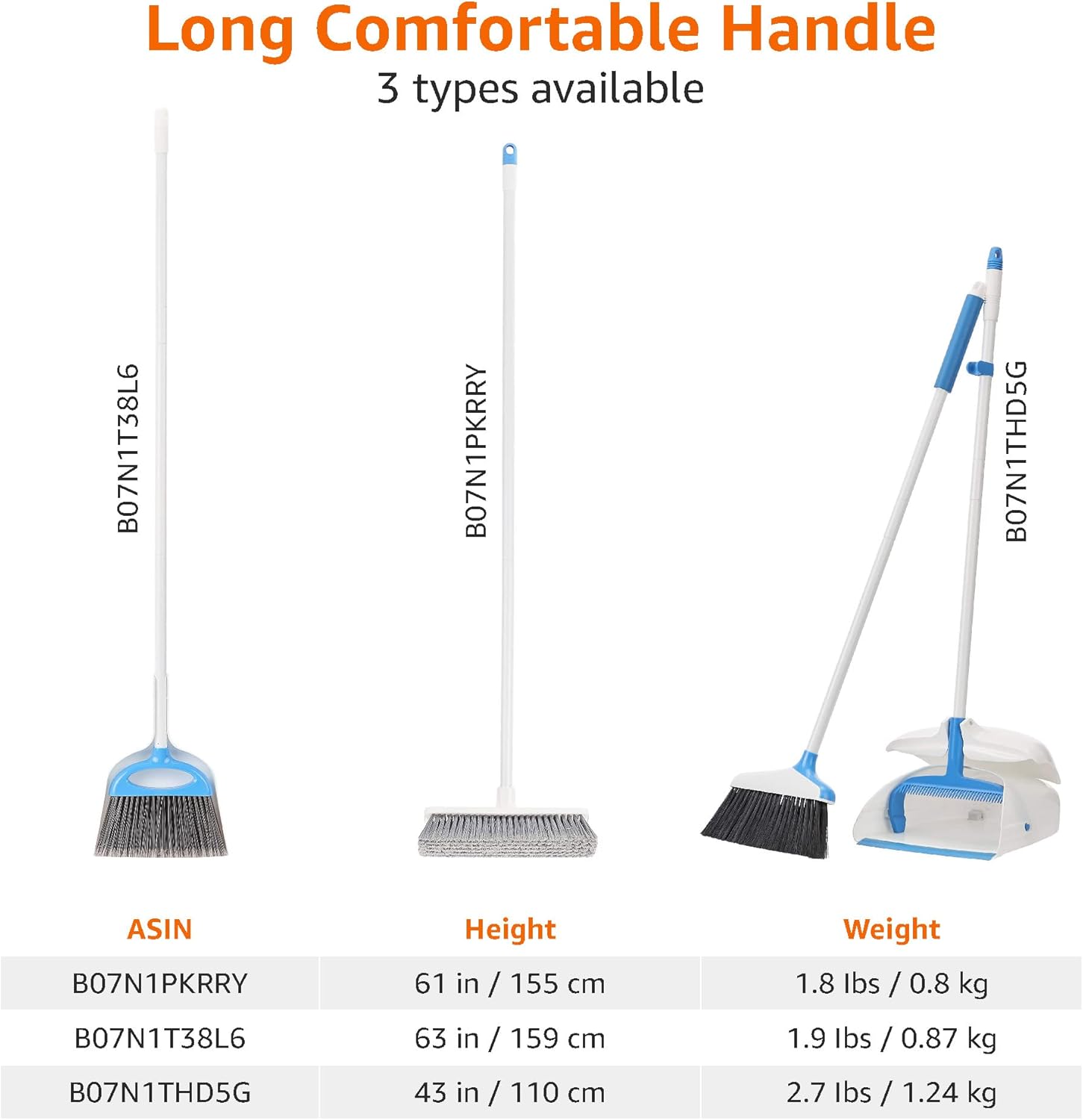 Dustpan Broom Set with Adjustable Long Handle, Easy to Assemble, Blue and White