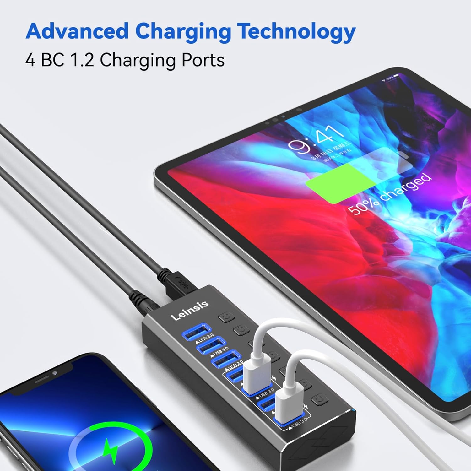 Powered USB Hub 3.0, Leinsis 7-Port USB 3.0 Hub [Durable Aluminum] 7 Data Transfer Ports+ 4 Smart Charging Ports with