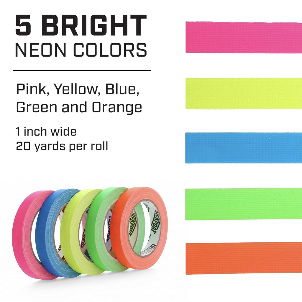 Neon Spike Tape 5 Pack - 1 Inch x 20 Yards Colored Gaffer Tape