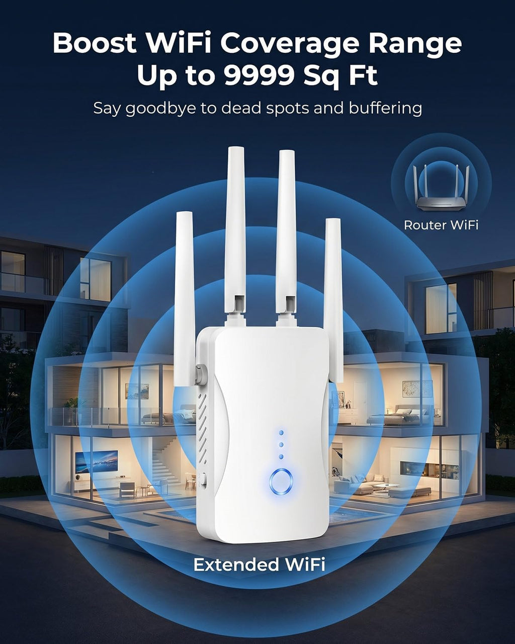WiFi Extender Signal Booster - 2.4GHz WiFi Booster for Home, Covers Up to 9999 Sq. Ft, Easy Setup, Ethernet Port &
