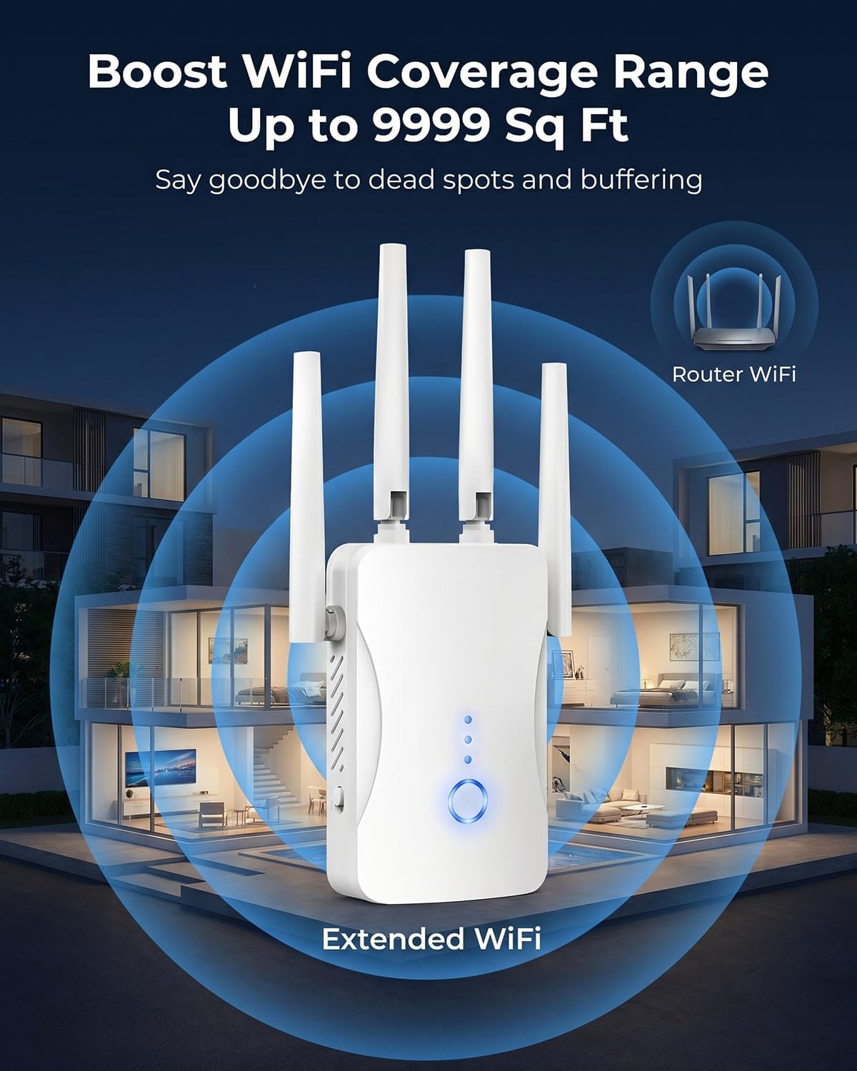 WiFi Extender Signal Booster - 2.4GHz WiFi Booster for Home, Covers Up to 9999 Sq. Ft, Easy Setup, Ethernet Port &