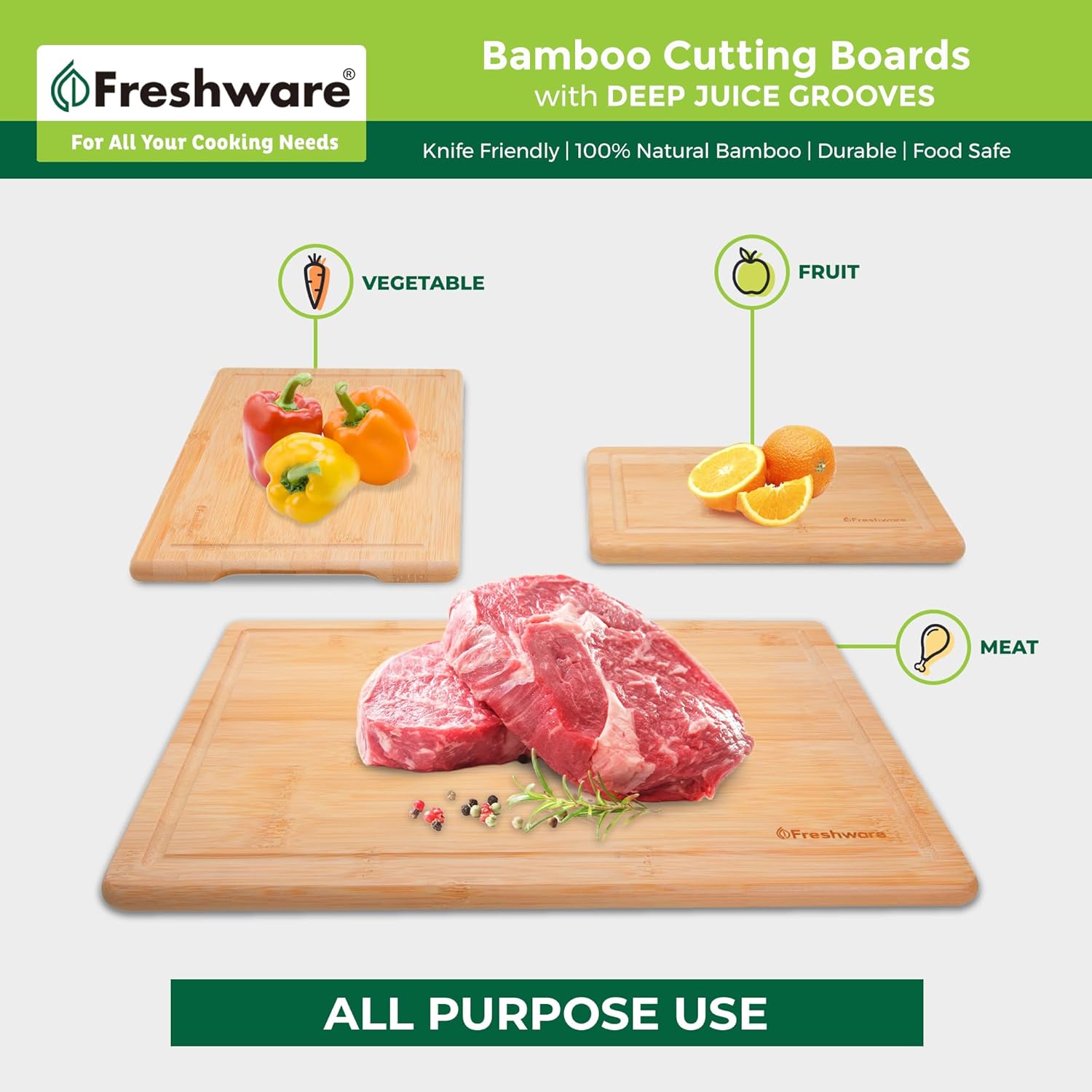 Wood Cutting Boards for Kitchen - Bamboo Cutting Board Set of 3, Cutting Boards with Juice Grooves, Serving Board