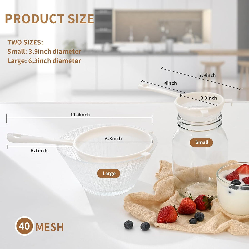 Luckyiren Kefir Strainer Set, 2-Size Plastic Non-Metal Sieve with Fine Mesh