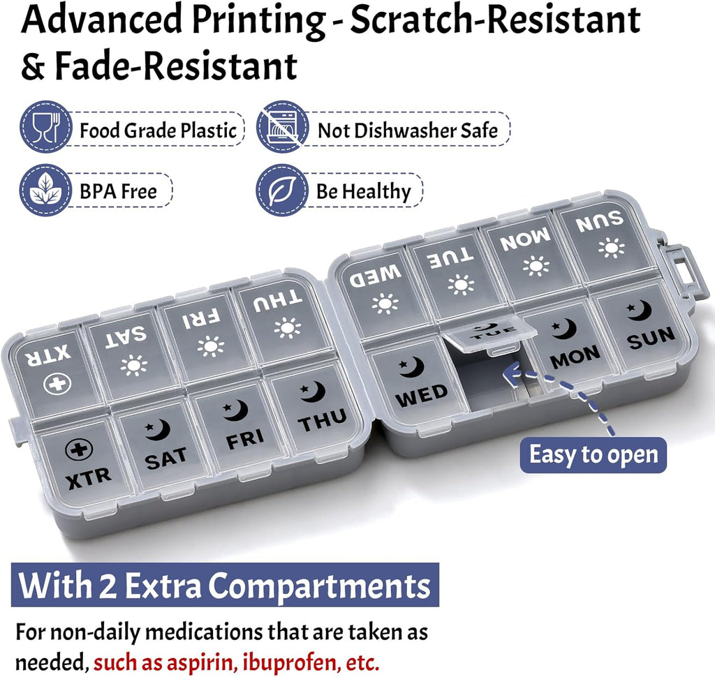 Foldable Weekly Pill Organizer 2 Times a Day with 2 Extra Compartments (Clear Printed Labels) - Portable 7 Day AM PM