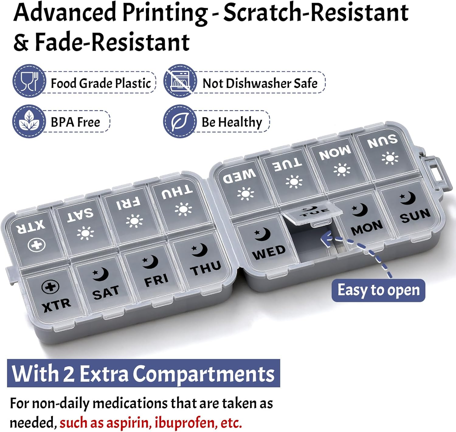 Foldable Weekly Pill Organizer 2 Times a Day with 2 Extra Compartments (Clear Printed Labels) - Portable 7 Day AM PM