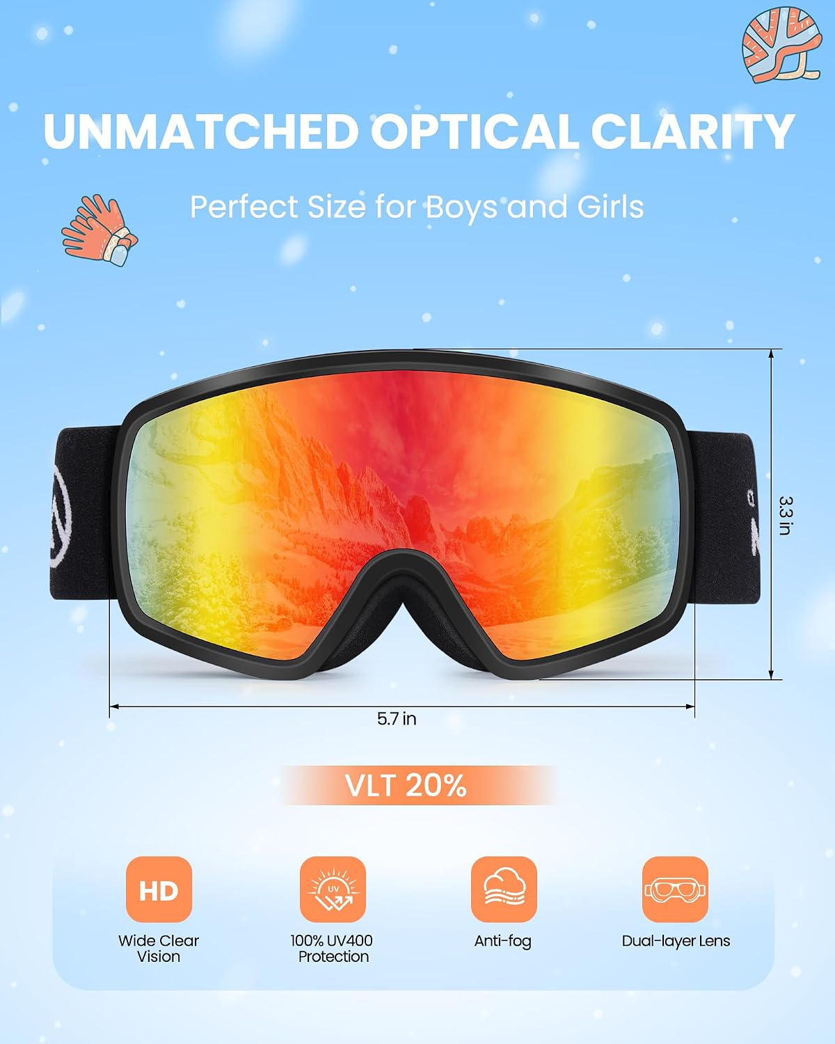 Kids Ski Goggles OTG Snowboard Goggles with 100% UV Protection Kids Snow Goggles for Boys Girls Toddler |
