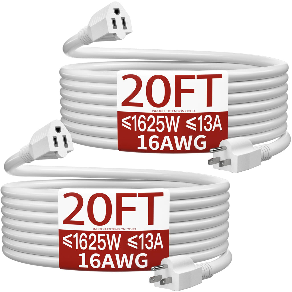 Skrizcable 16/3 Short Extension Cord 20FT 2Pc, White Extension Cord Indoor
