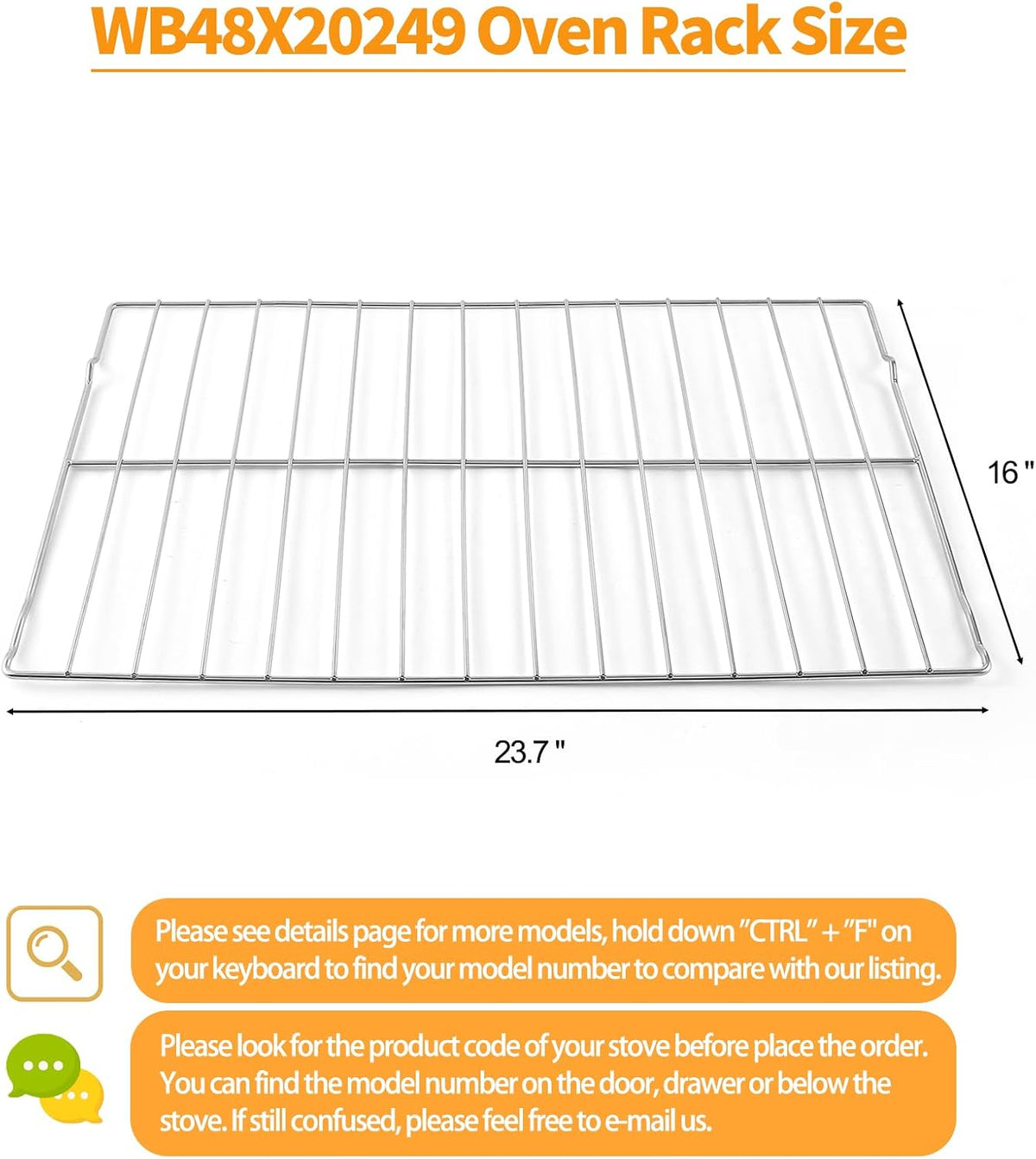 Upgraded WB48X20249 Oven Rack Replacement Parts for GE Stove Oven Parts, 23.7" x 16" Rack-flat for GE Range Oven Parts 304 Stainless Steel Oven Wire Rack Hotpoint Stove Parts Oven Rack Shelf