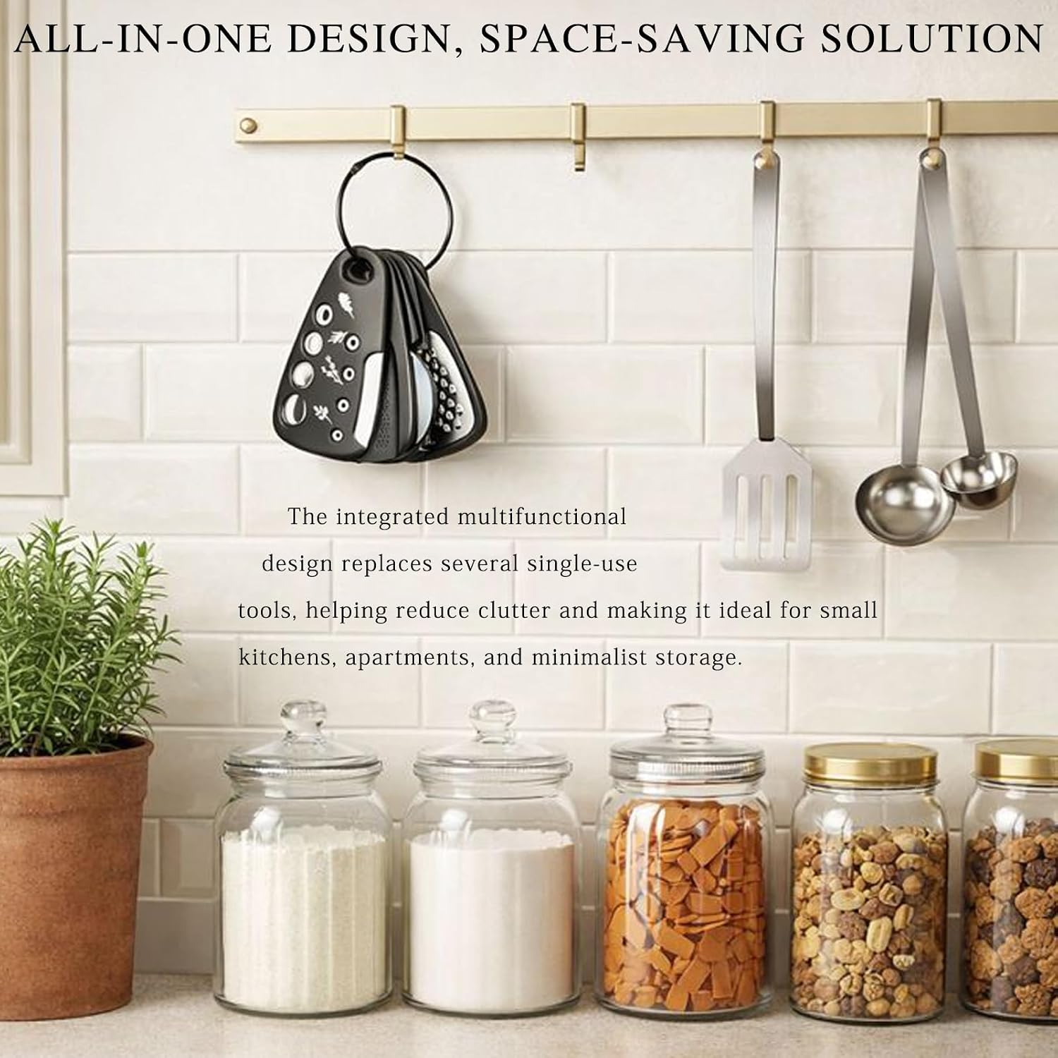 6-Piece Unique Kitchen Gadget Set in Black, Stackable Space-Saving Tools Including Grater, Peeler, Pizza Cutter, and