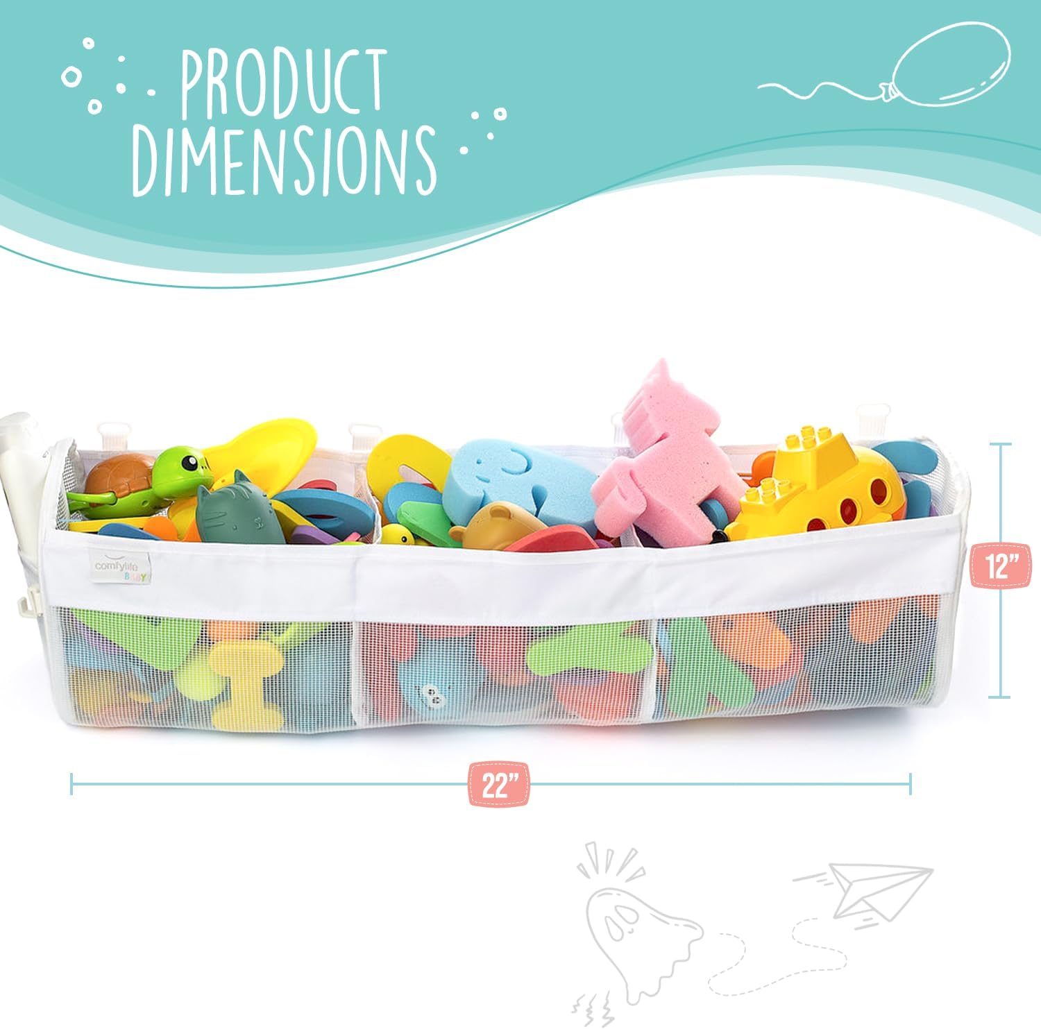 Large Bath Toy Organizer – 3 Compartment Bath Toy Holder for Bathtub & Shower – Quick-Dry Mesh with 4 Strong Adhesive
