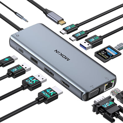 USB C Docking Station Dual Monitor, Laptop Docking Station 3 Monitors, MOKiN 12-in-1 USB C Dock Hub Multiport Adapter