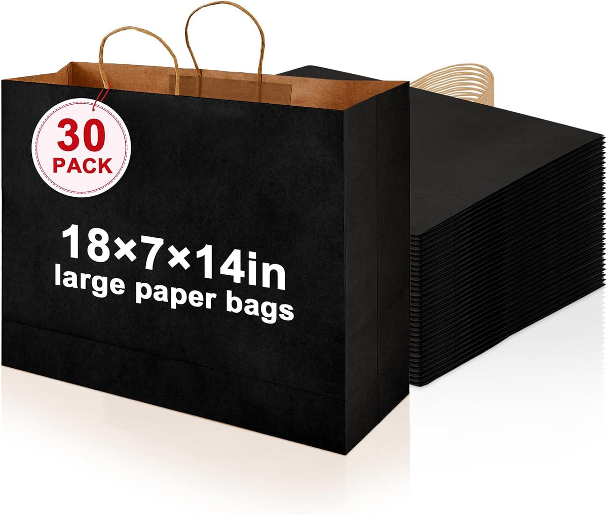 30 Pack 18x14x7 Inch Large Black Paper Bags with Handles