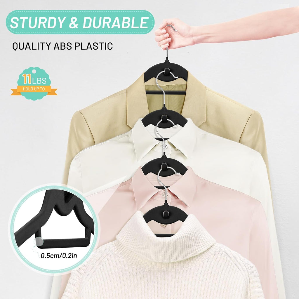 Velvet Stackable Hangers 30 Pack, Clothes Hanger Non Slip Felt with Hook | Black Hangers, 360° Swivel Hook, Thin