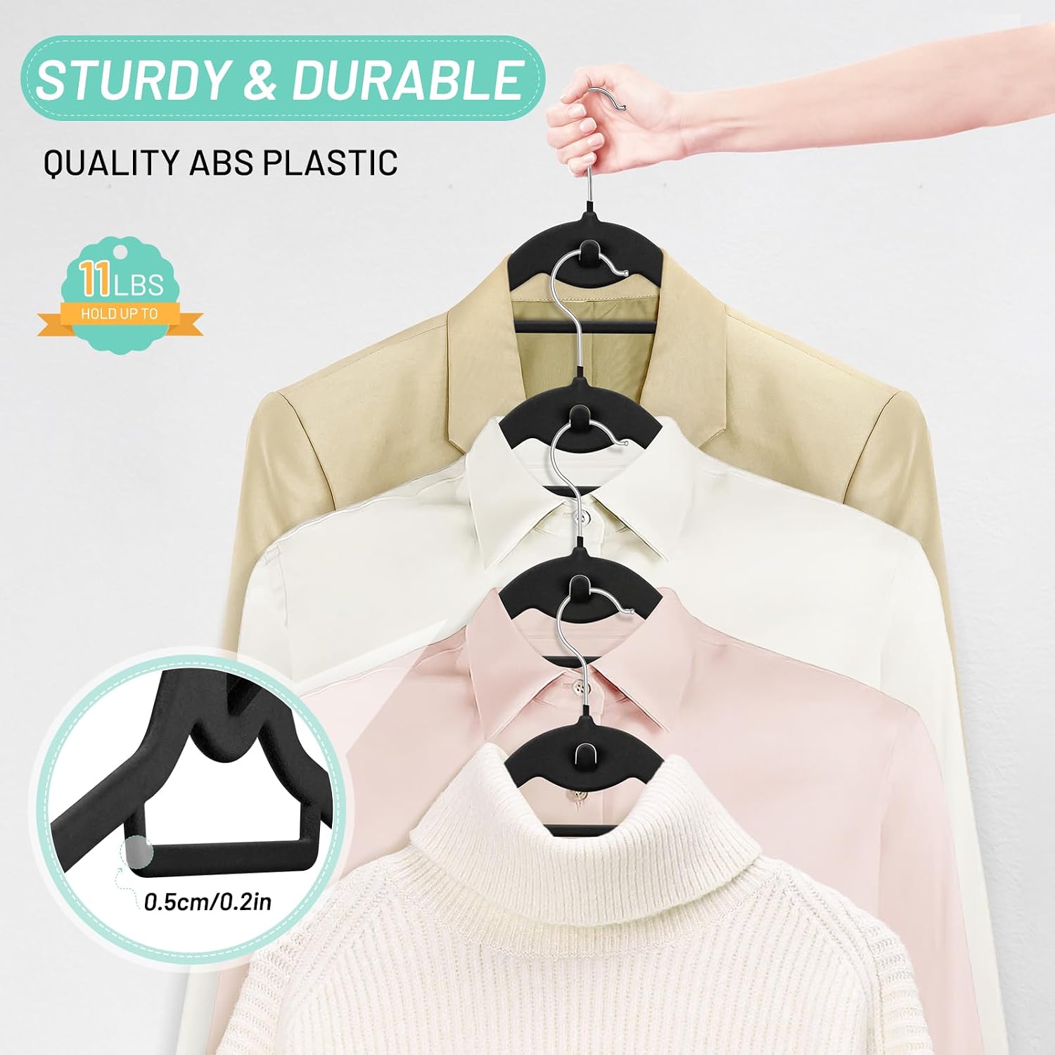 Velvet Stackable Hangers 30 Pack, Clothes Hanger Non Slip Felt with Hook | Black Hangers, 360° Swivel Hook, Thin