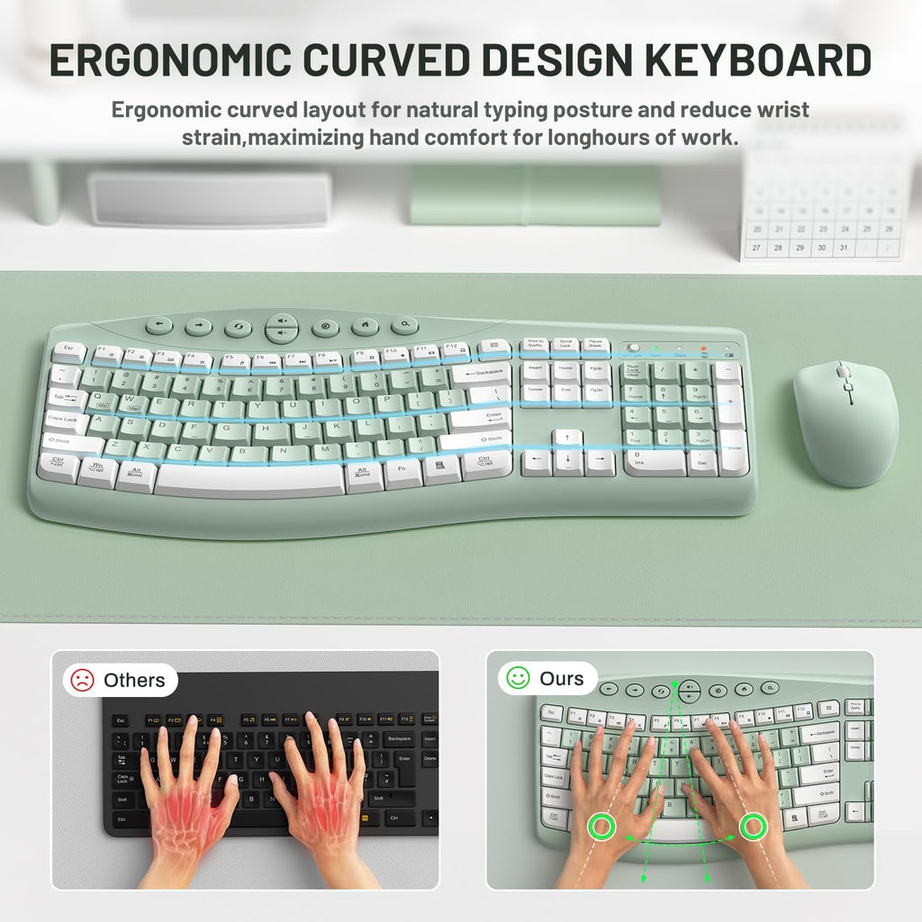 Wireless Keyboard and Mouse Combo Silent for Office,Ergonomic Curved Design