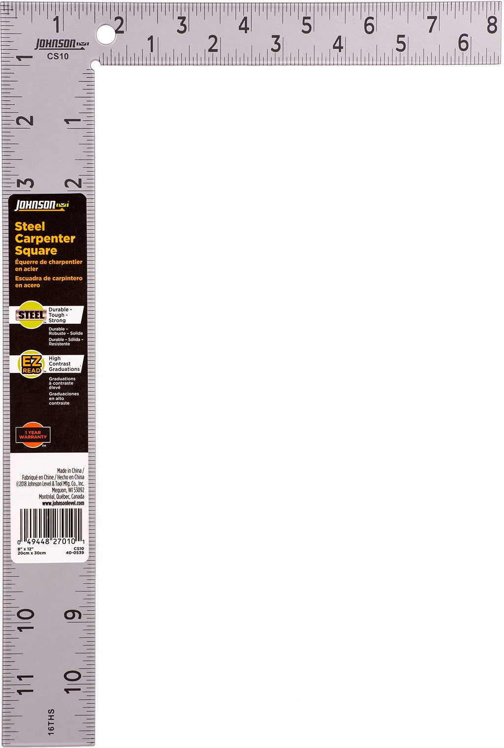 Johnson Level & Tool CS10 Professional Easy-Read Steel Carpenter Square, 8" x 12", Silver, 1 Square