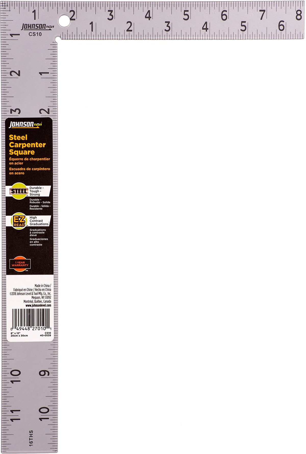 Johnson Level & Tool CS10 Professional Easy-Read Steel Carpenter Square, 8" x 12", Silver, 1 Square