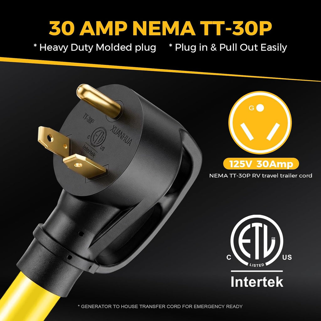 NEMA TT-30P to L14-30R Generator Adapter Cord, 30 Amp 3 Prong to 4 Prong Generator Plug Adapter, Generator Transfer