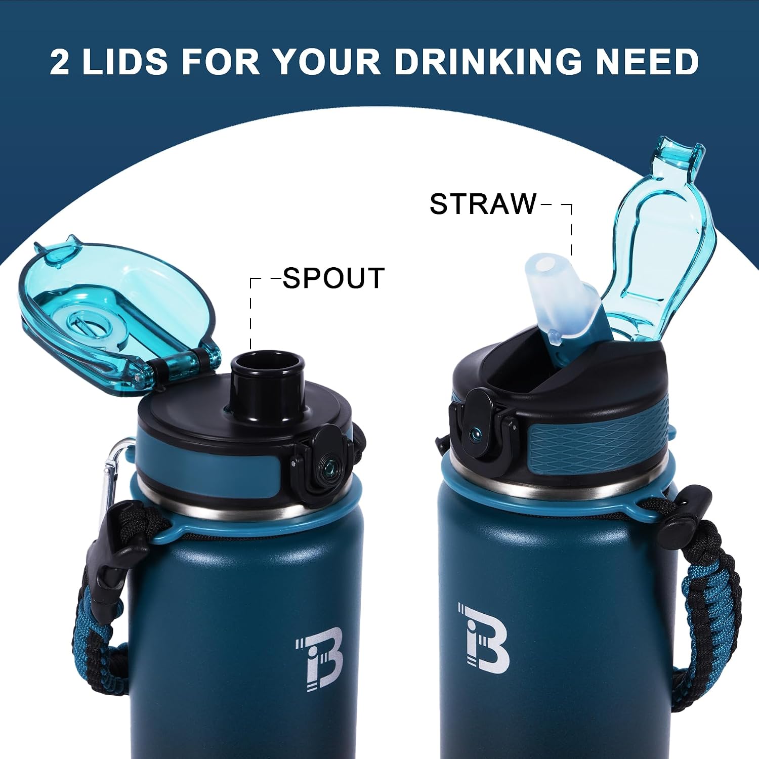 32oz Insulated Water Bottle with Straw Lid & Spout Lid & Paracord Handle, Stainless Steel Water Bottle Wide Mouth