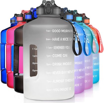 1 Gallon Motivational Sports Water Bottle with Time Marker, BPA Free 128oz Leak Proof Jug, Black, Plastic, 128