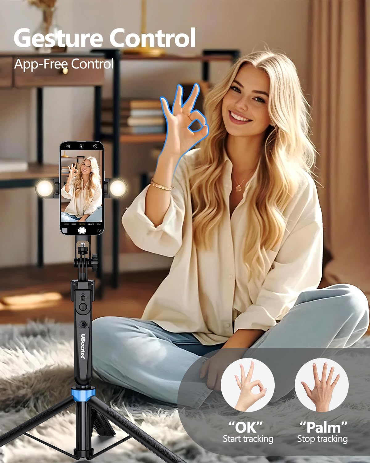 70'' Auto Face Tracking Tripod 360° Rotation with Stand, Phone Tripod with Fill Light, Selfie Stick & Phone Stand for