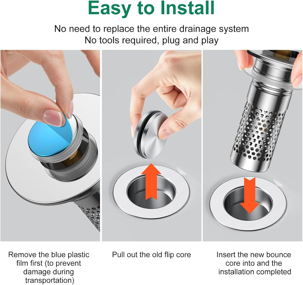Bathroom Sink Drain Strainer,Universal Pop-Up Sink Stopper Hair Catcher, Anti-Clog Stainless Steel Drain Filter