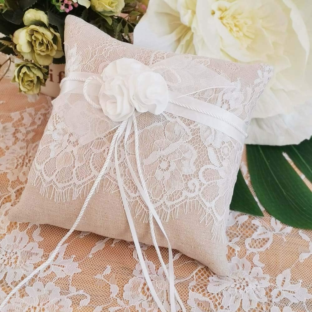 Awtlife Lace Wedding Ring Pillow, Flower Ring Bearer Pillow,8.26 Inch for Wedding Ceremony
