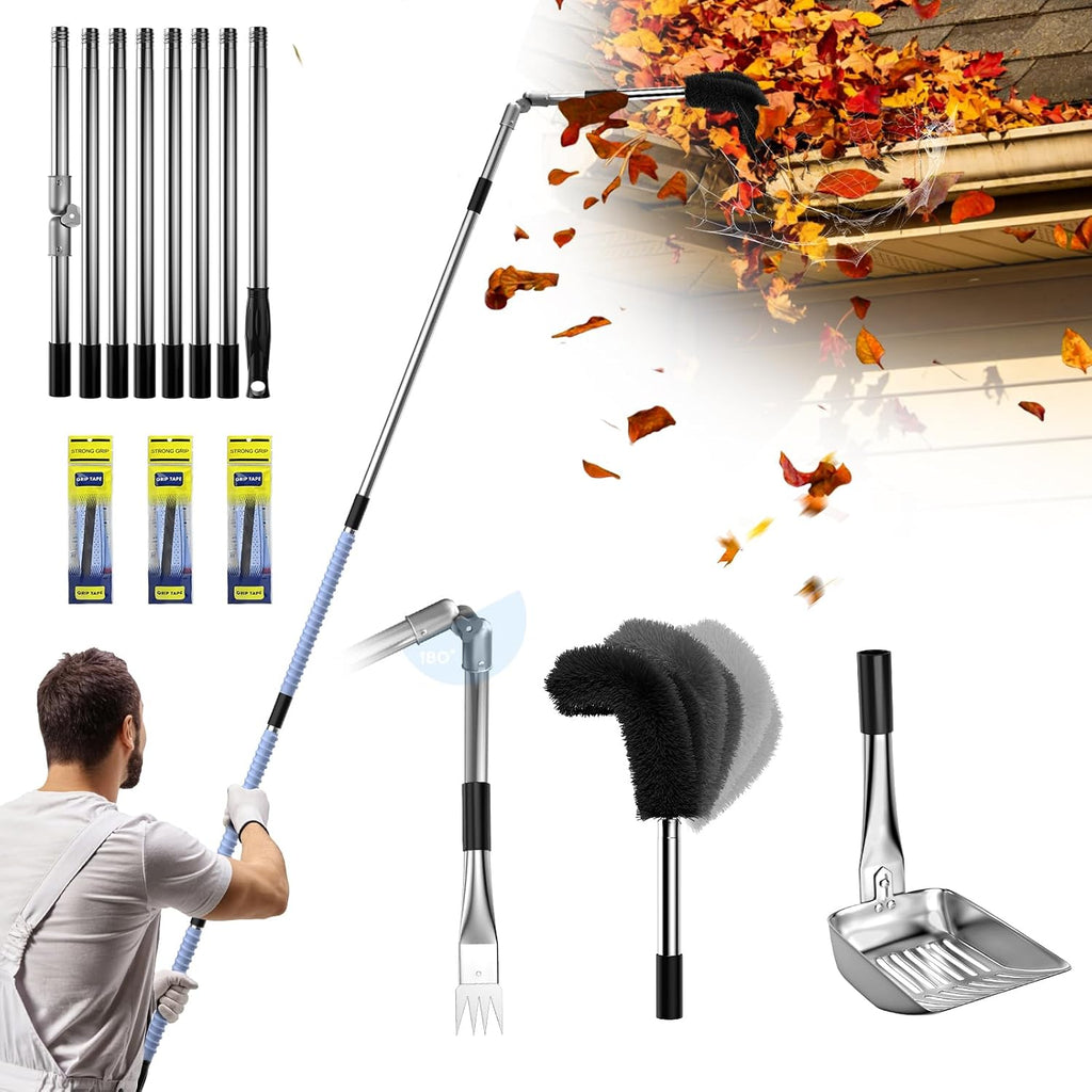 13ft Gutter Cleaning Tools From the Ground, No Ladder Needed, 3-in-1 Gutter Cleaner Pole with Replaceable Brush Rake