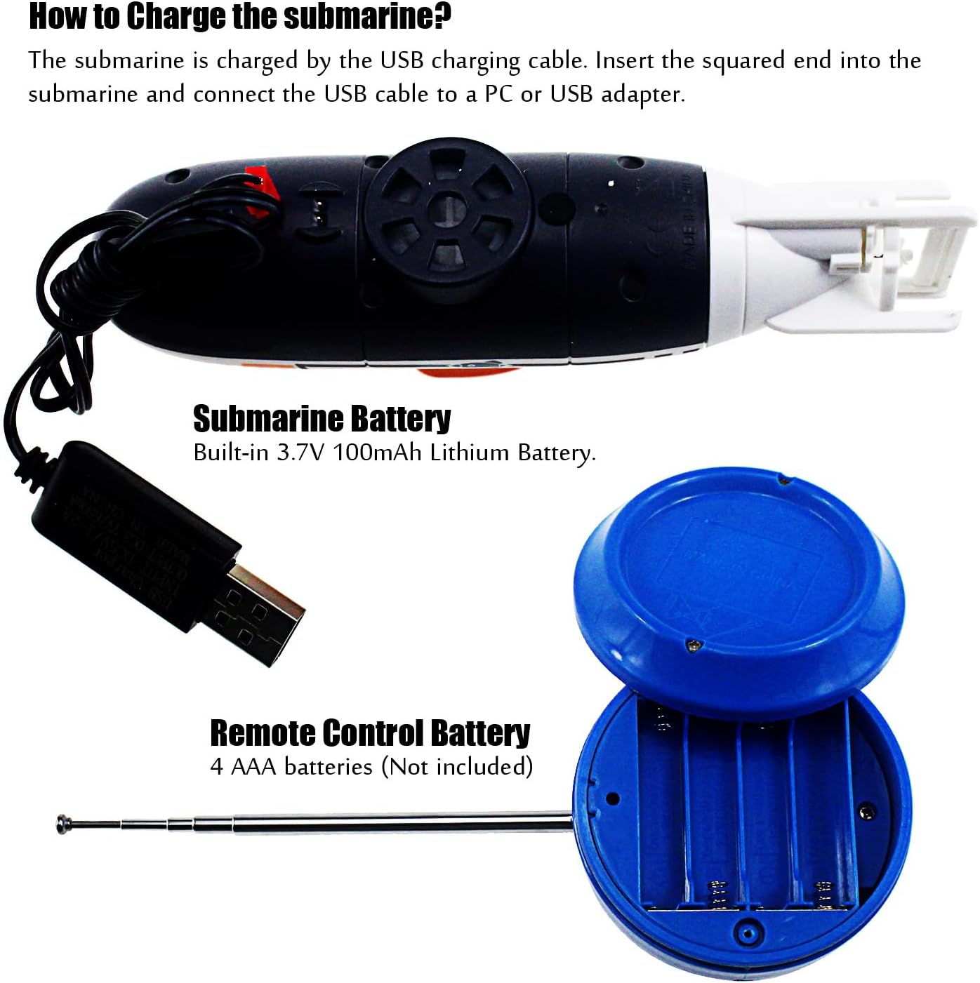 RC Submarine Toy Remote Control Boat Underwater Diving Waterproof for Fish Water Tank Kids Birthday Gift (White)
