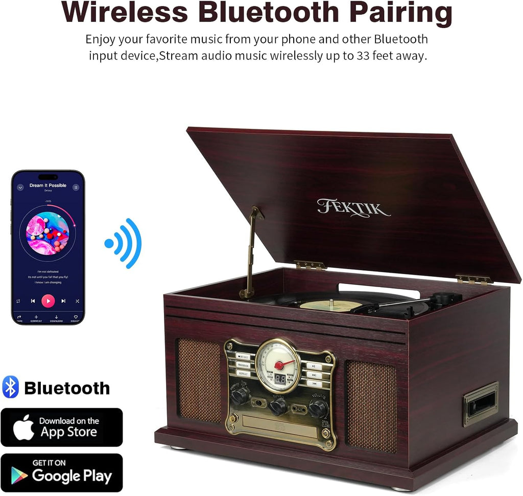 Bluetooth Record Player 10 in 1, 3-Speed Belt-Drive Turntable with Speakers, Bluetooth Input & Output, CD, Cassette
