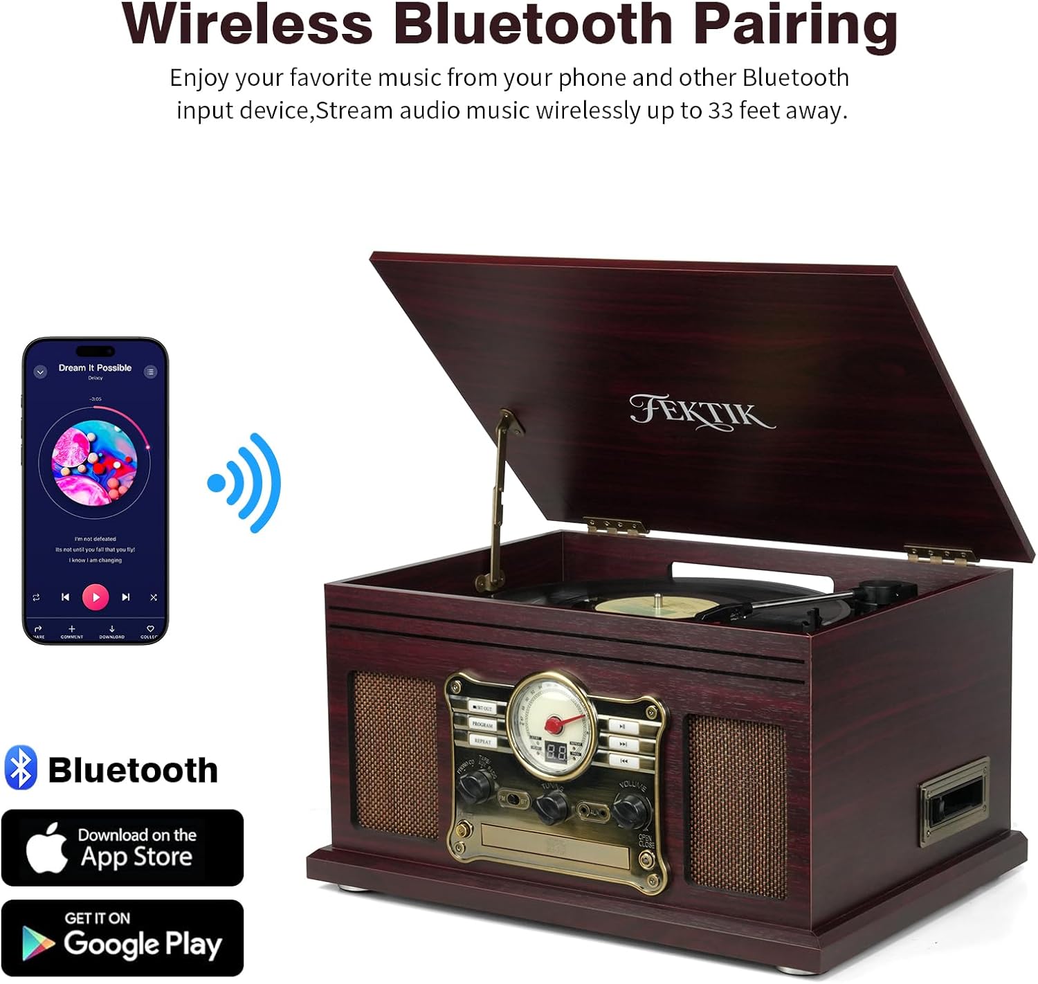 Bluetooth Record Player 10 in 1, 3-Speed Belt-Drive Turntable with Speakers, Bluetooth Input & Output, CD, Cassette
