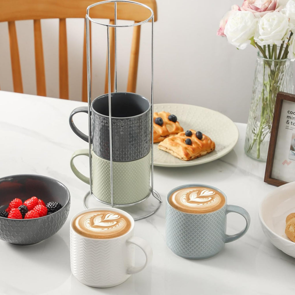 Coffee Mugs with Metal Stand,15 oz Ceramic Stackable Mug Set Embossed Latte Cup, Ceramic Coffee Cups with Handle for