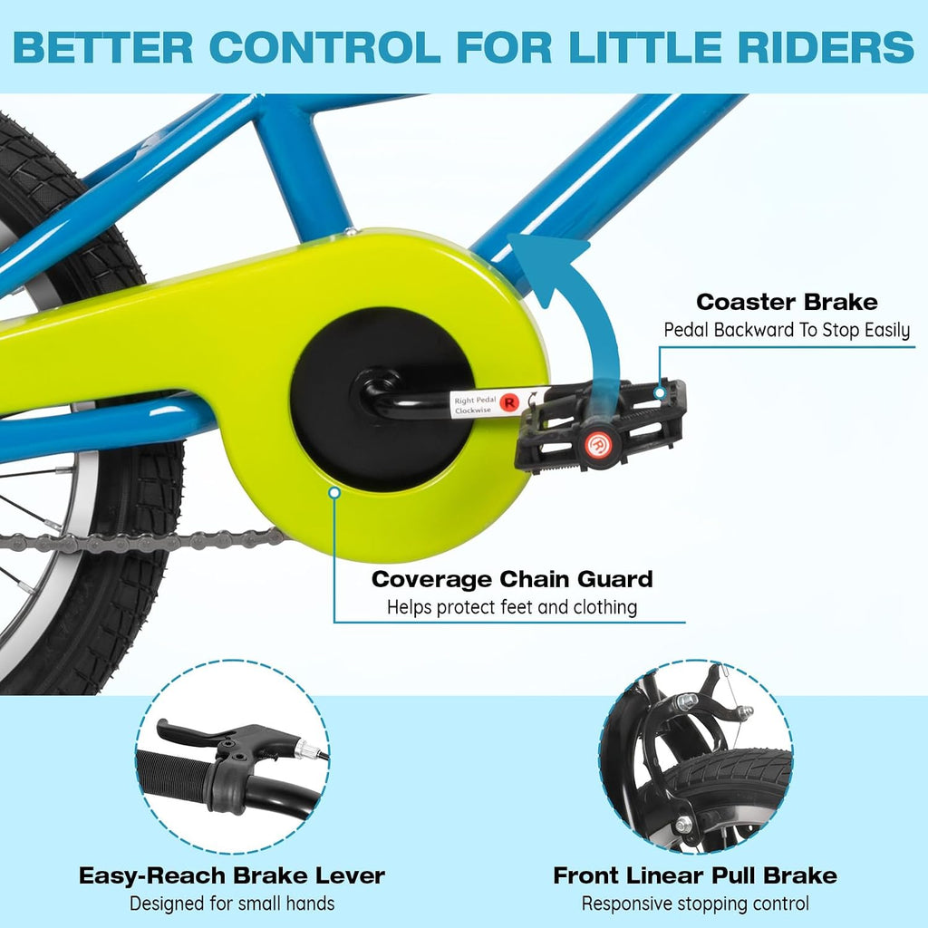 16 20 Inch Kids Bike Child Bicycle Ages 4-12 Dual Brake Multicolors | High Carbon Steel Frame, rider height 38-62 in