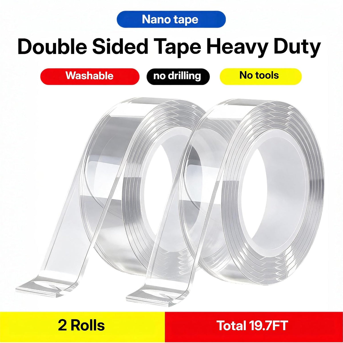 Double Sided Tape Heavy Duty, Nano Adhesive(2 Rolls, Total 19.7FT)