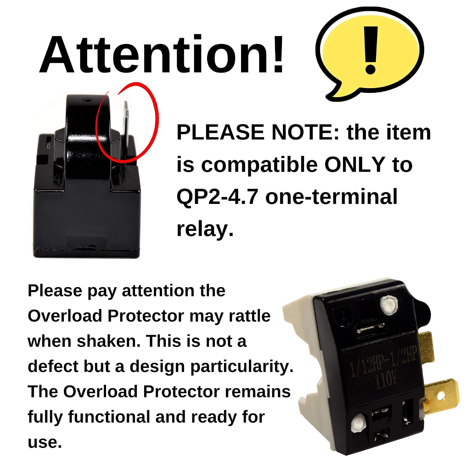 Compressor 4.7 Ohm 1-Pin PTC Starter/Start Relay and Overload Kit Compatible with Mini Fridges, Compact