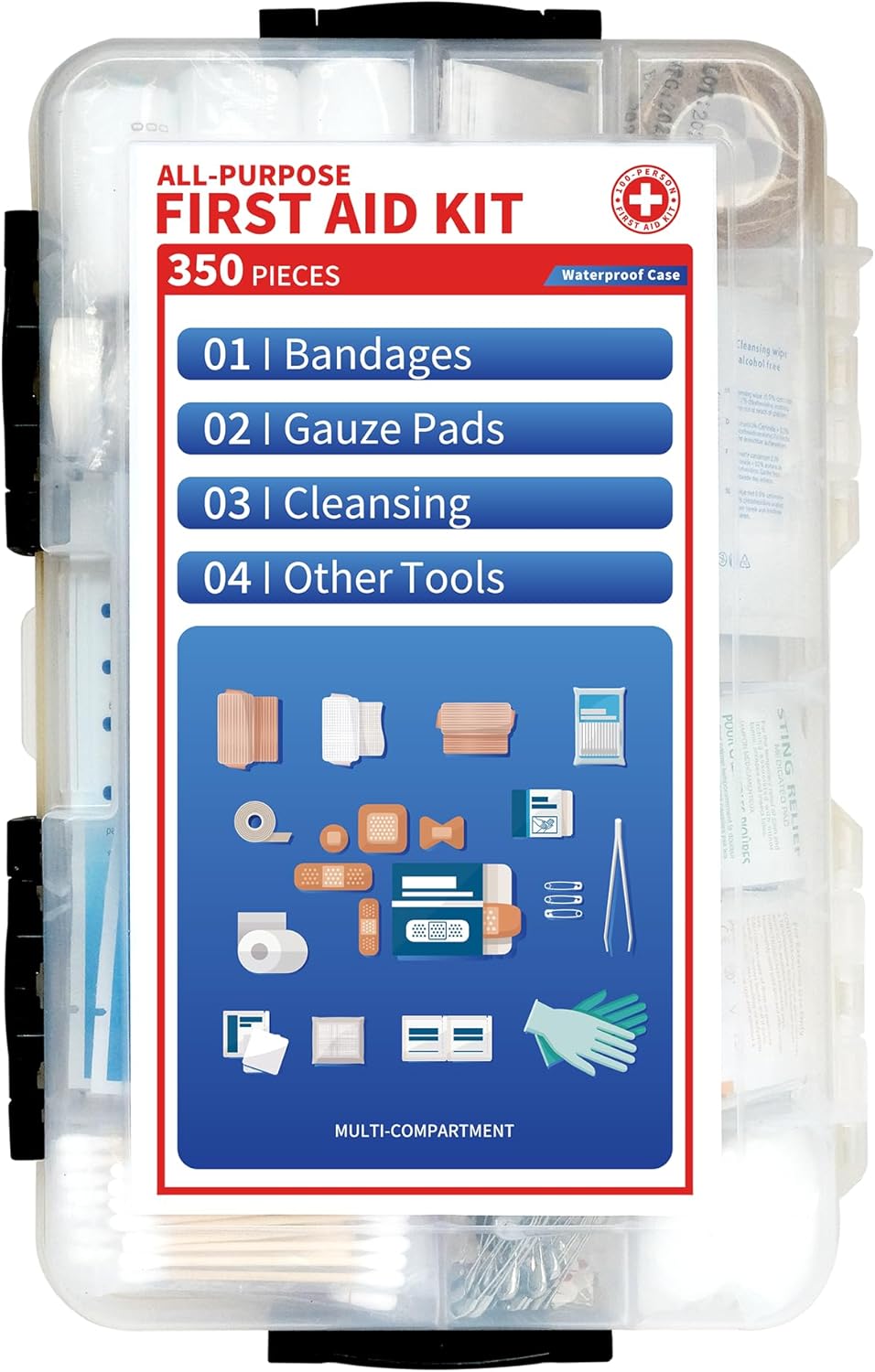 350-Piece All-Purpose 100-Person Emergency First Aid Kit – Waterproof Plastic Case | Clearly Organized for Fast