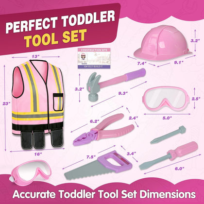 Pink Kids Tool Set with Construction Worker Costume for Girls Ages 3-5 - Toddler Dress Up Clothes, Toy Tools, Hat &