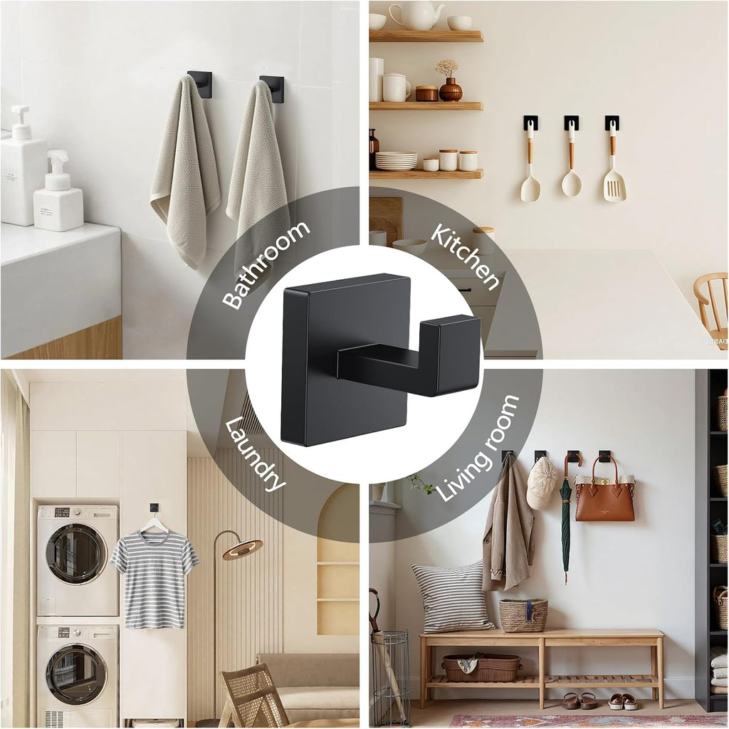4 PCS Towel Hooks for Bathroom, Wall Mount Towel Holder, Black Matte Wall Robe Hook,Square Stainless Steel Door