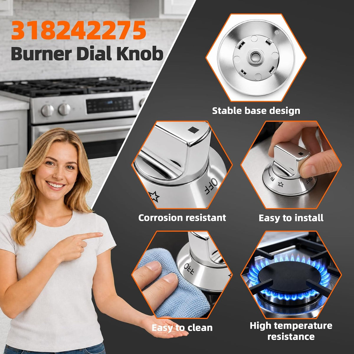 6 Pcs 318242275 Burner Control Knob for Electrolux Gas Cooktop Fits E30DF74TPSA E30GF74TPSA E36DF76TPSA E36GC76PPS E30GF74TPB Match Parts 3513943 AP5809411 PS9495232 EAP9495232