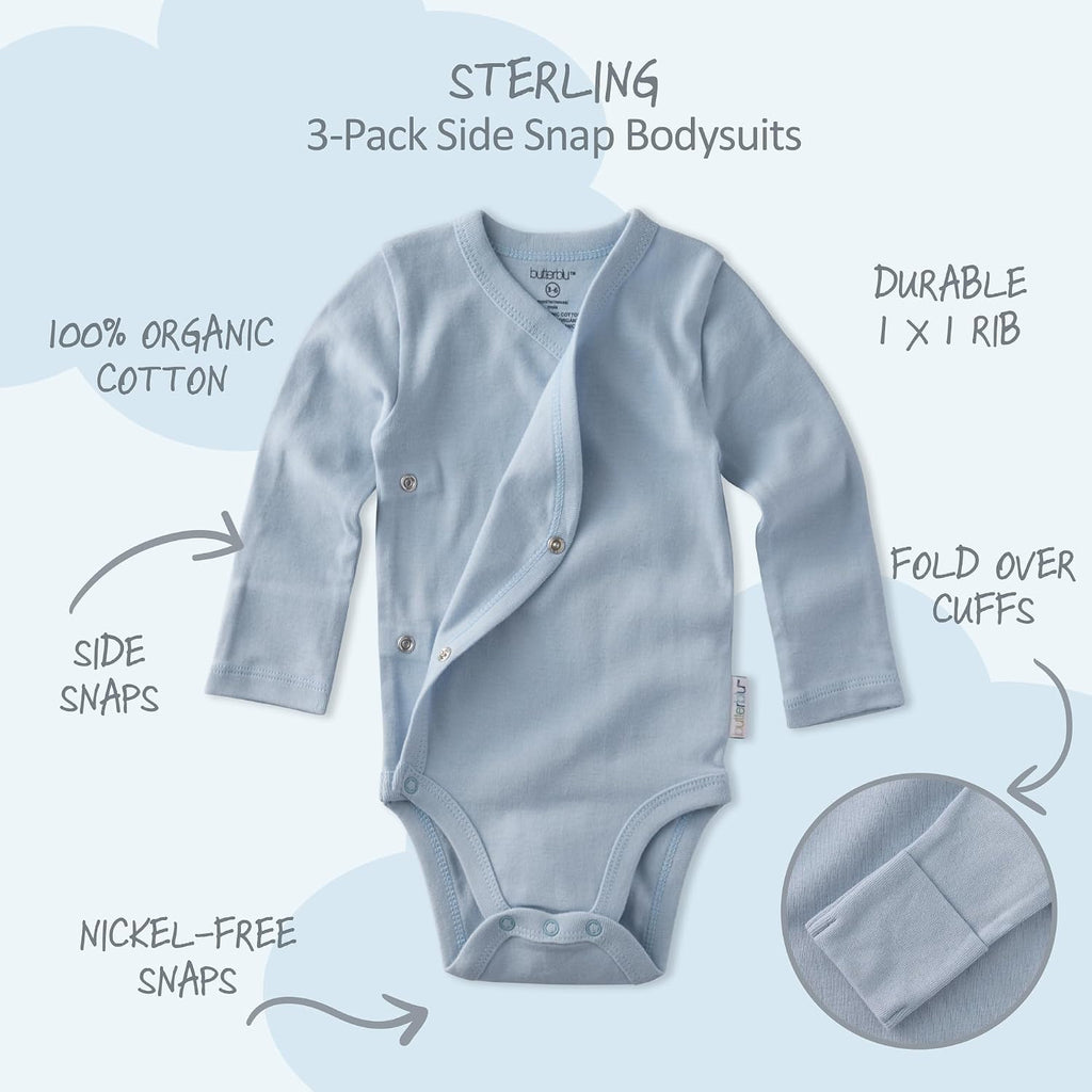 Sterling 3-Pack Side Snap Long Sleeve Bodysuits 100% Cotton