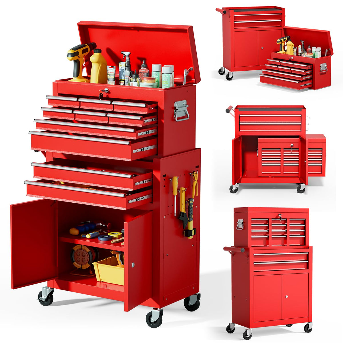 10-Drawer Rolling Tool Chest with wheels, Lockable 2-in-1 Tool Box