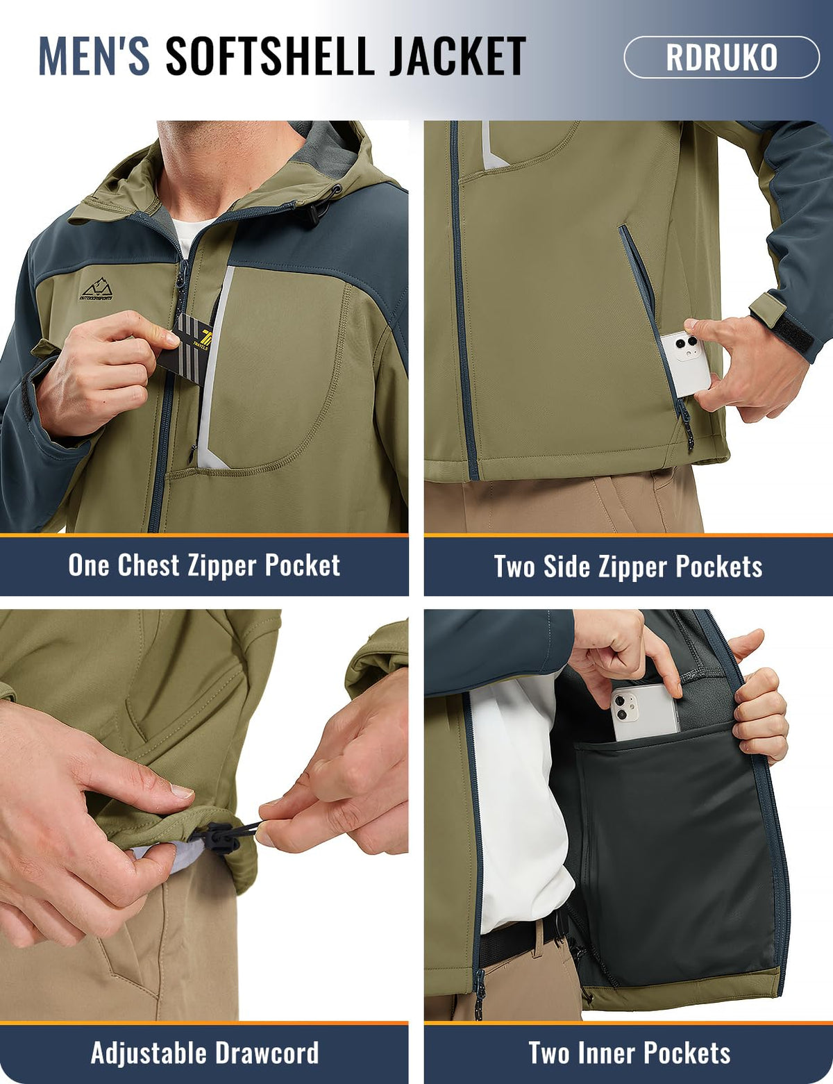 Men's Soft Shell Jacket Full Zip Fleece Lined Khaki M