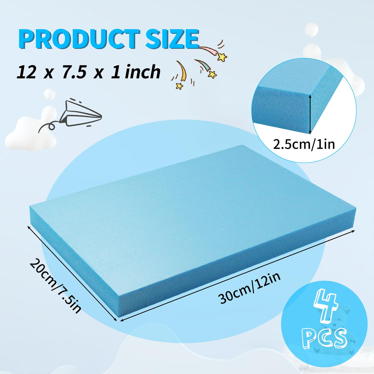 Blue 4 Pack 12x7.5x1 inch Foam Sheets 1 Inch Thick