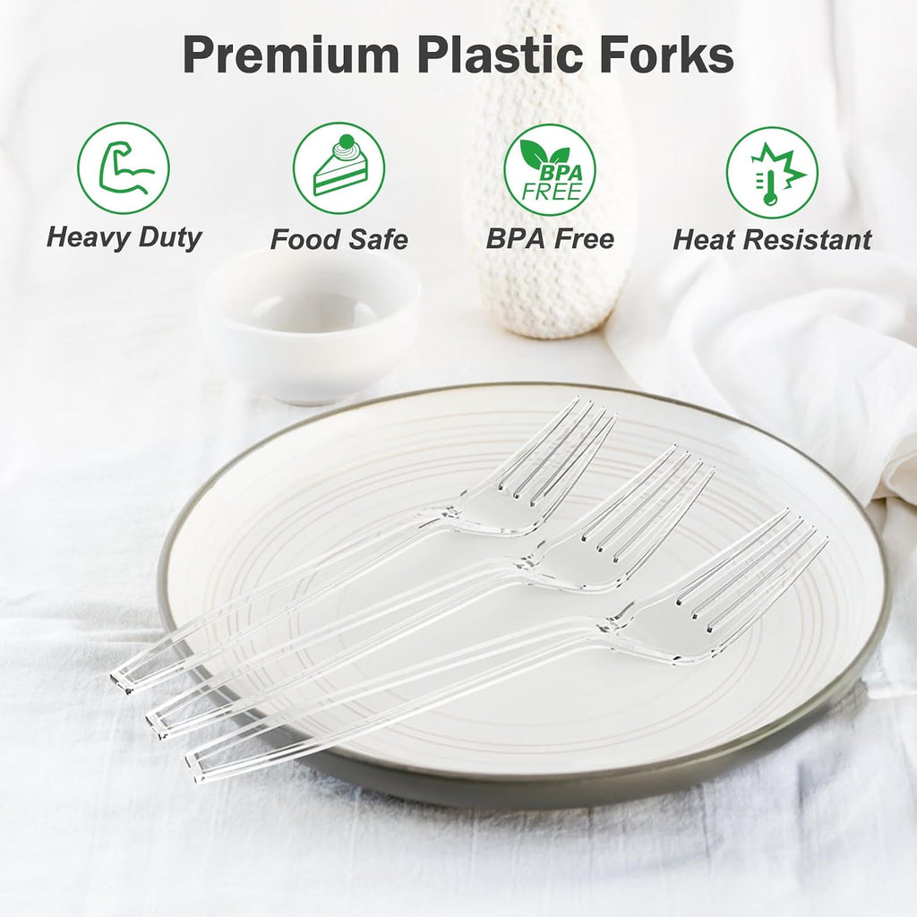 100 Count Extra Heavy Duty Clear Plastic Forks Disposable