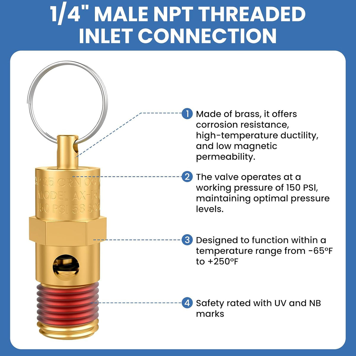 1/4" Male NPT Brass Safety Valve, 1 Pack