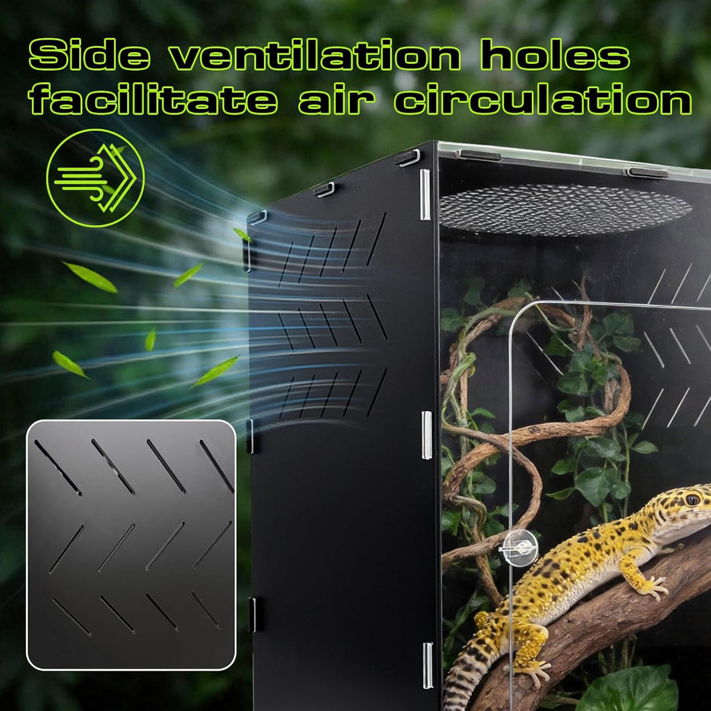 Reptile Tank Enclosure, Reptile Terrarium Acrylic Front Opening with Metal Translucent Mesh Top for Crested Gecko