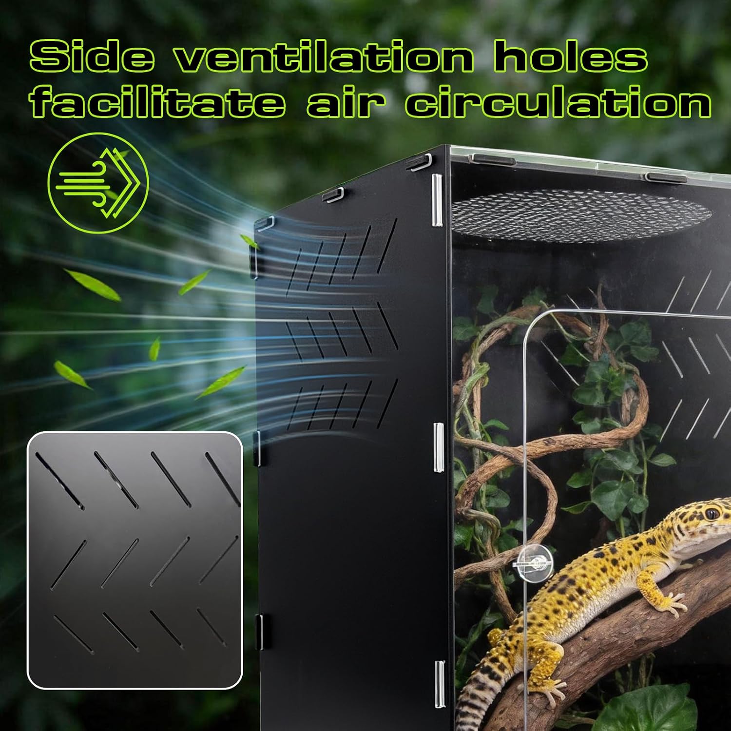 Reptile Tank Enclosure, Reptile Terrarium Acrylic Front Opening with Metal Translucent Mesh Top for Crested Gecko