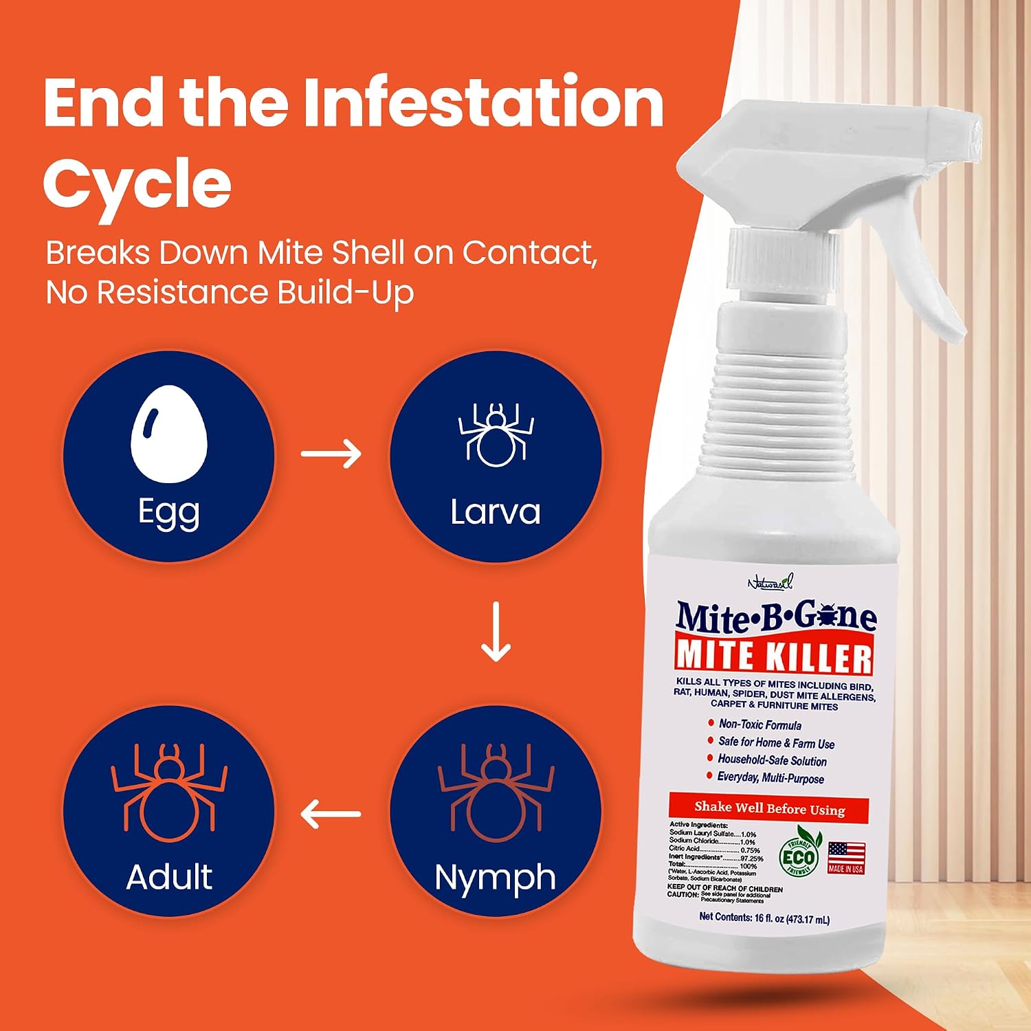Mite-B-Gone Dust Mite Spray & Mite Killer for Home, Made in USA - 16 oz | Bedding, Furniture, Carpets & Chicken Coops