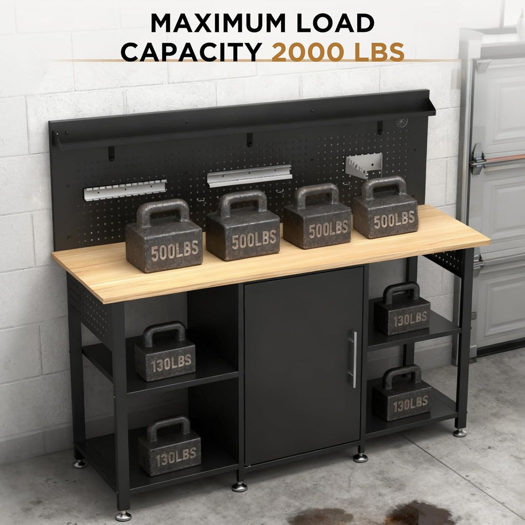 60 Inch Heavy Duty Workbench with Storage Cabinet, Wooden Top, 2000 lbs Capacity, Garage Work Table with Pegboard